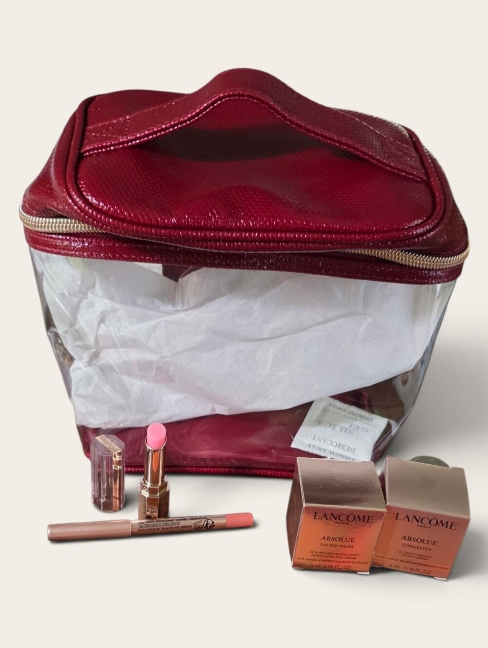 Lancome Red Clear Cosmetic Travel Bag, Lipstick, Liner, Eye Cream, Face Cream